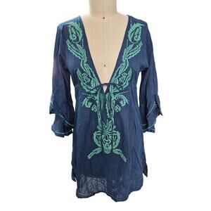 Ellen Weaver 100% Cotton Tunic/Cover Up Blue/Green Drawstring Sz L